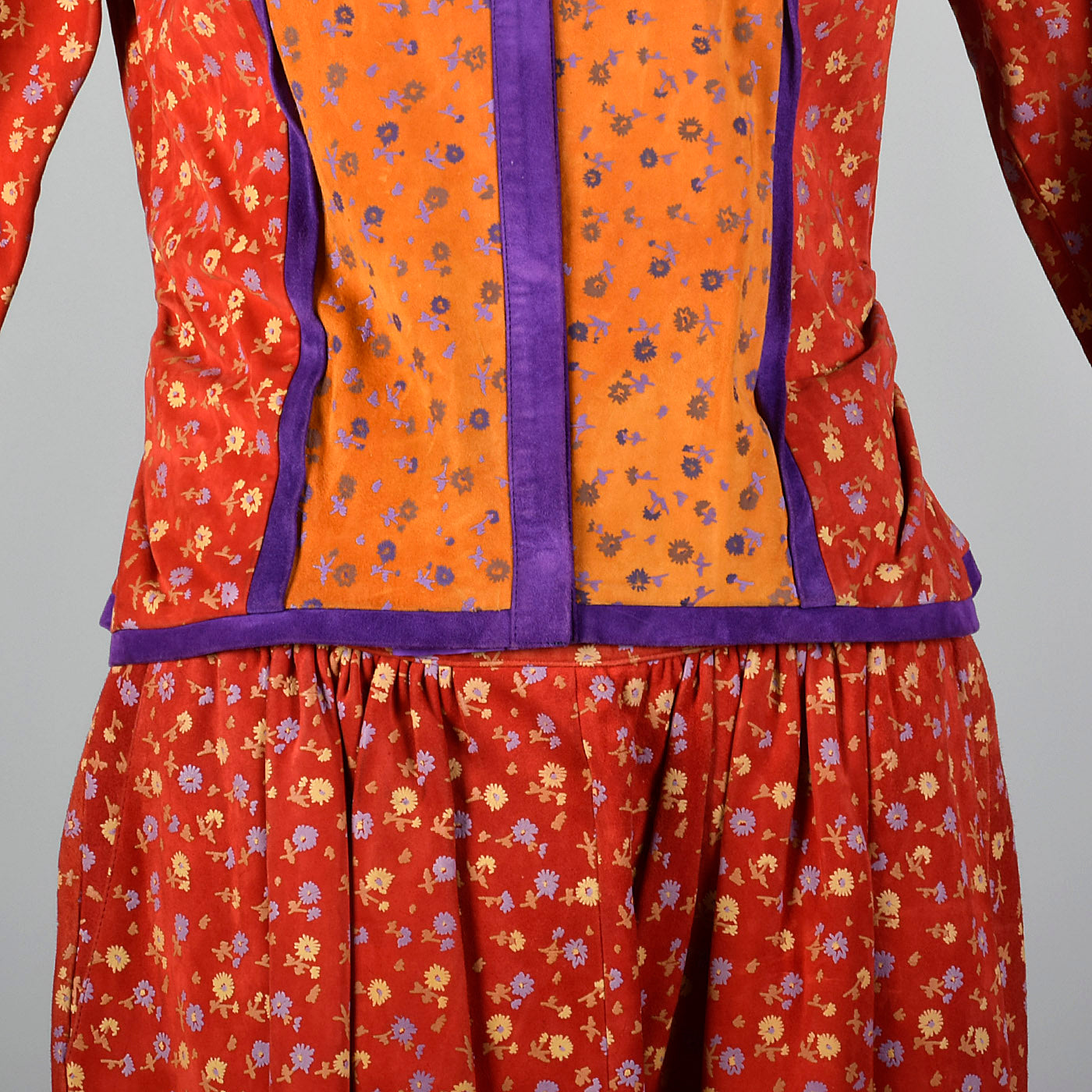 1970s Mario Valentino Suede Leather Two Piece Set with Silk Screen Floral Print