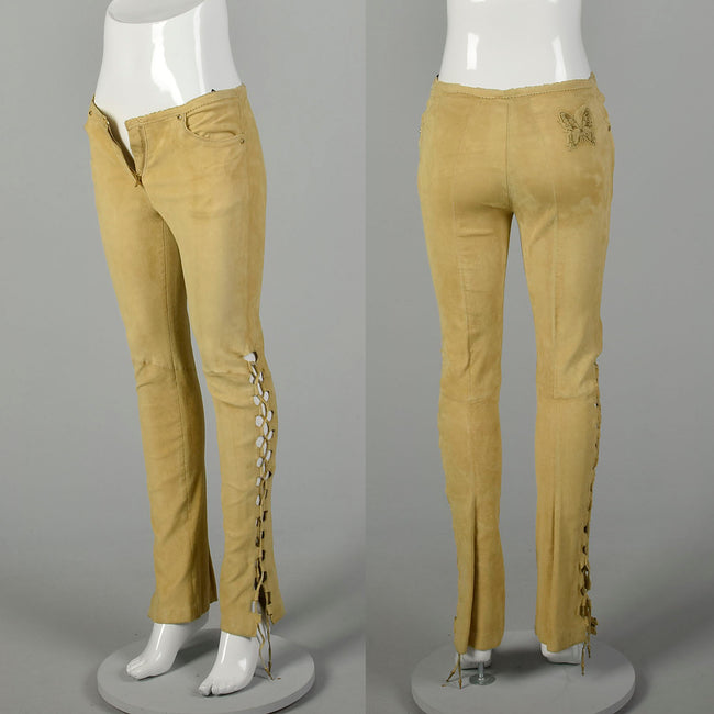 XS 2000s Pants Roberto Cavalli Designer Tan Suede Stretch Leather Lace Up