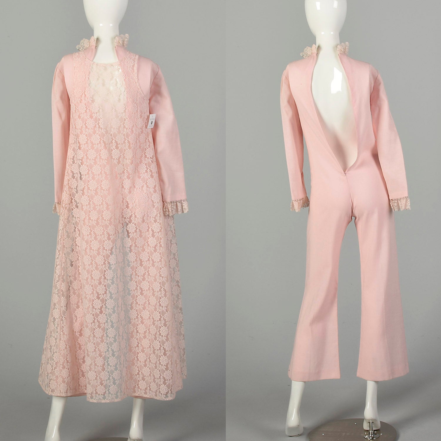 XXS 1970s Jumpsuit Two-Piece Pink Lace Vest Longsleeve