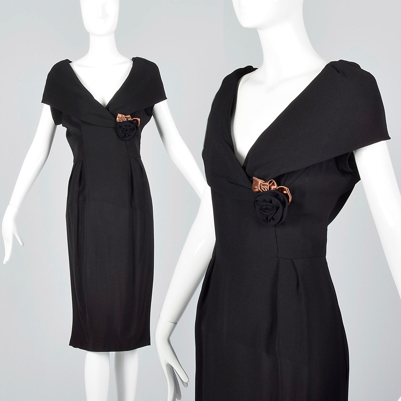 1950s Black Dress with Shawl Collar and Low Cut Front