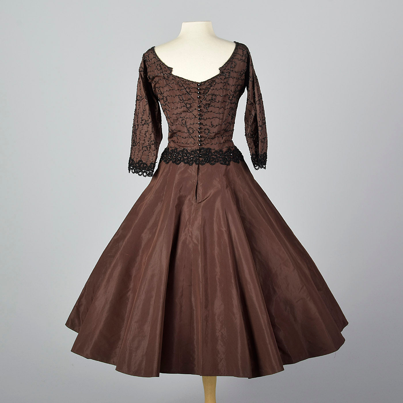 1950s Brown Taffeta Dress with Black Beading