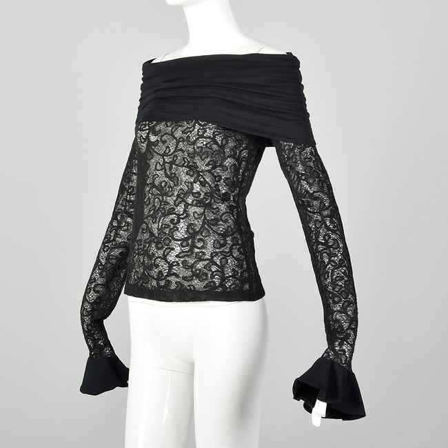 XS Dolce & Gabbana Off the Shoulder Black Sheer Lace Top