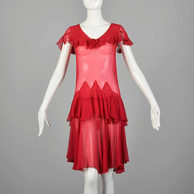 XXS 1920s Flapper Dress Crinkle Red Silk with Flirty Ruffles