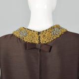 1960s Brown Shift Dress with Beaded Collar