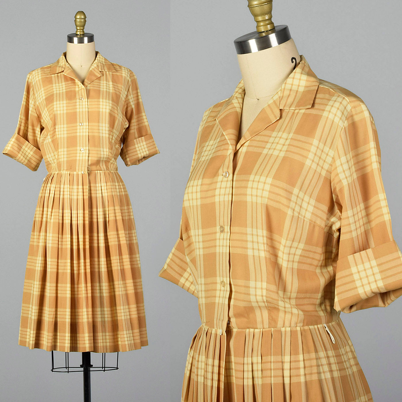 1960s Plaid Shirtwaist Dress with Vented Back