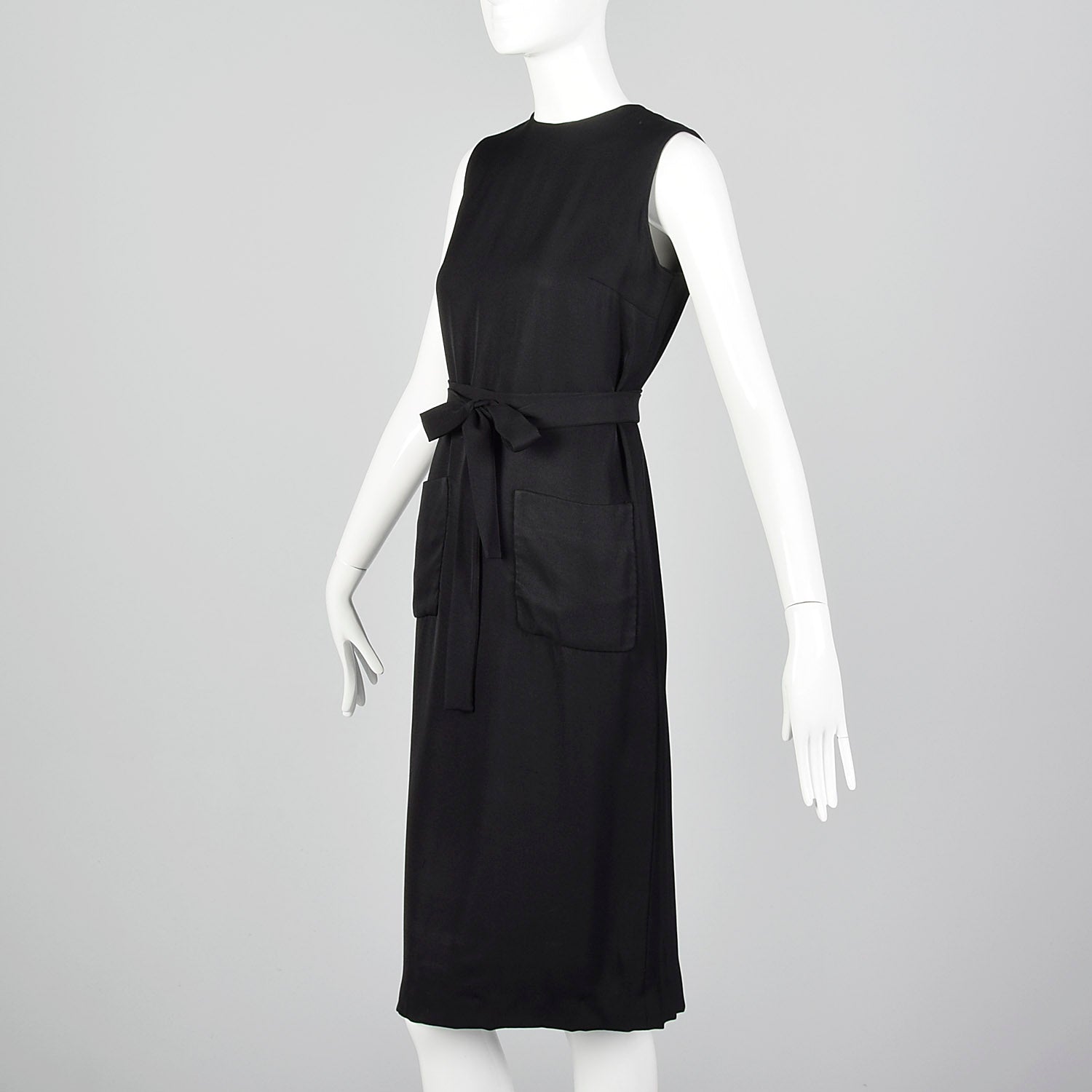 1960s Classic Little Black Dress Belted Sleeveless Shift with Patch Pockets