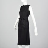 1960s Classic Little Black Dress Belted Sleeveless Shift with Patch Pockets