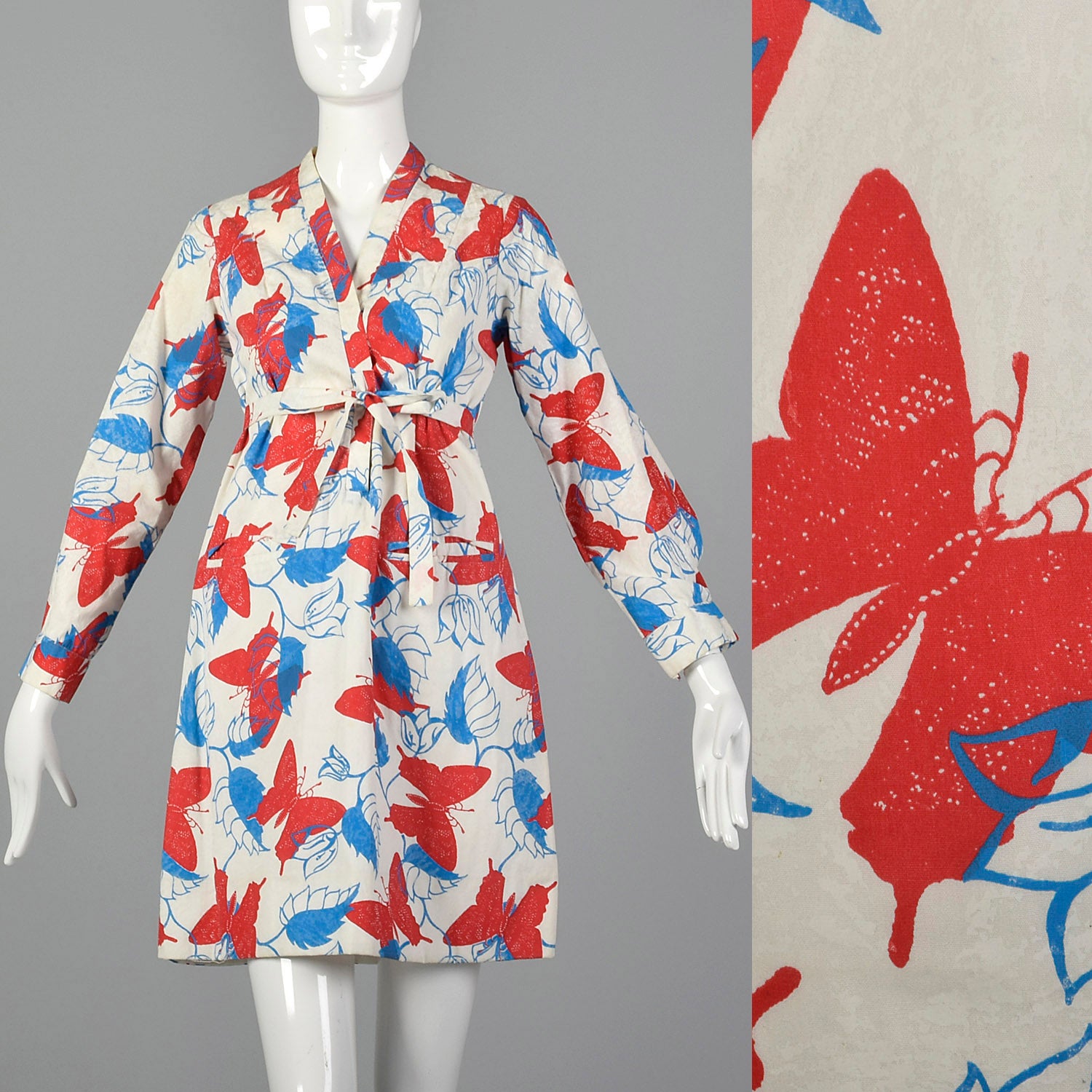 Small 1970s Butterfly Print Dress with Long Sleeves and Pockets