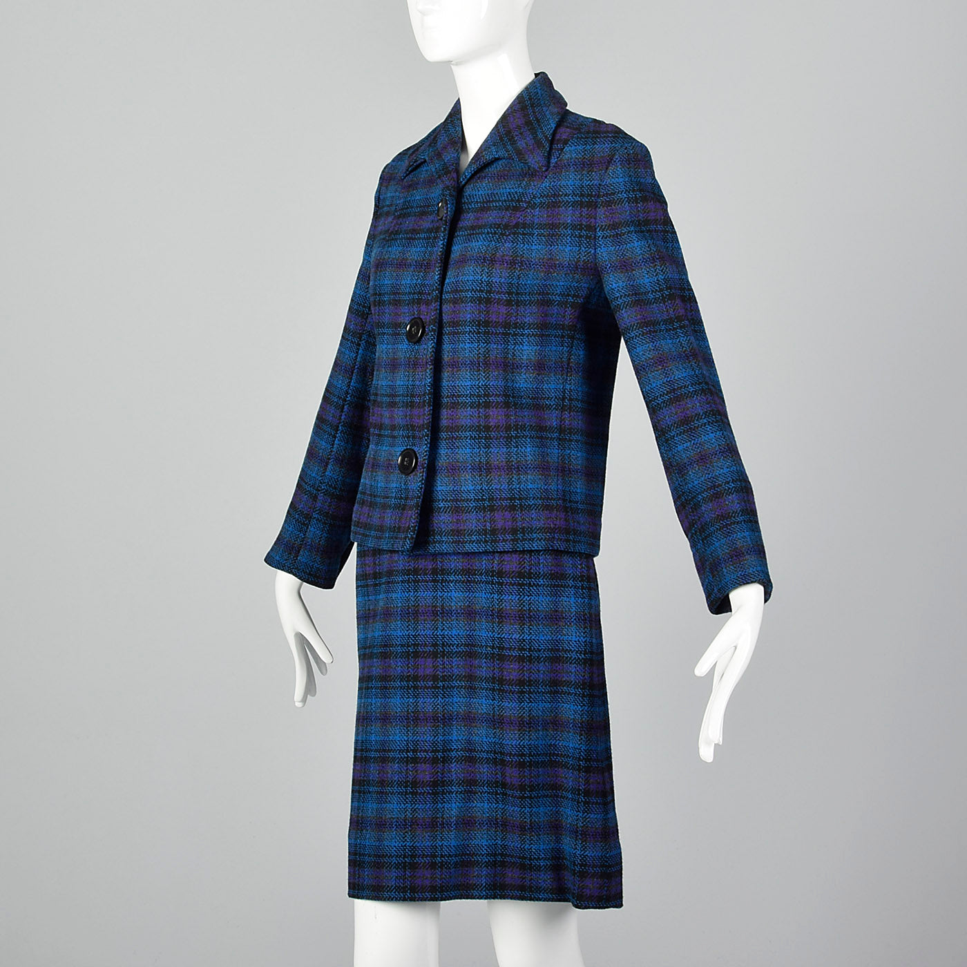 1960s Pendleton Wool Skirt Suit in Blue and Purple Plaid