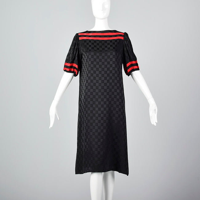 1980s Oleg Cassini Black Silk Dress with Red Trim