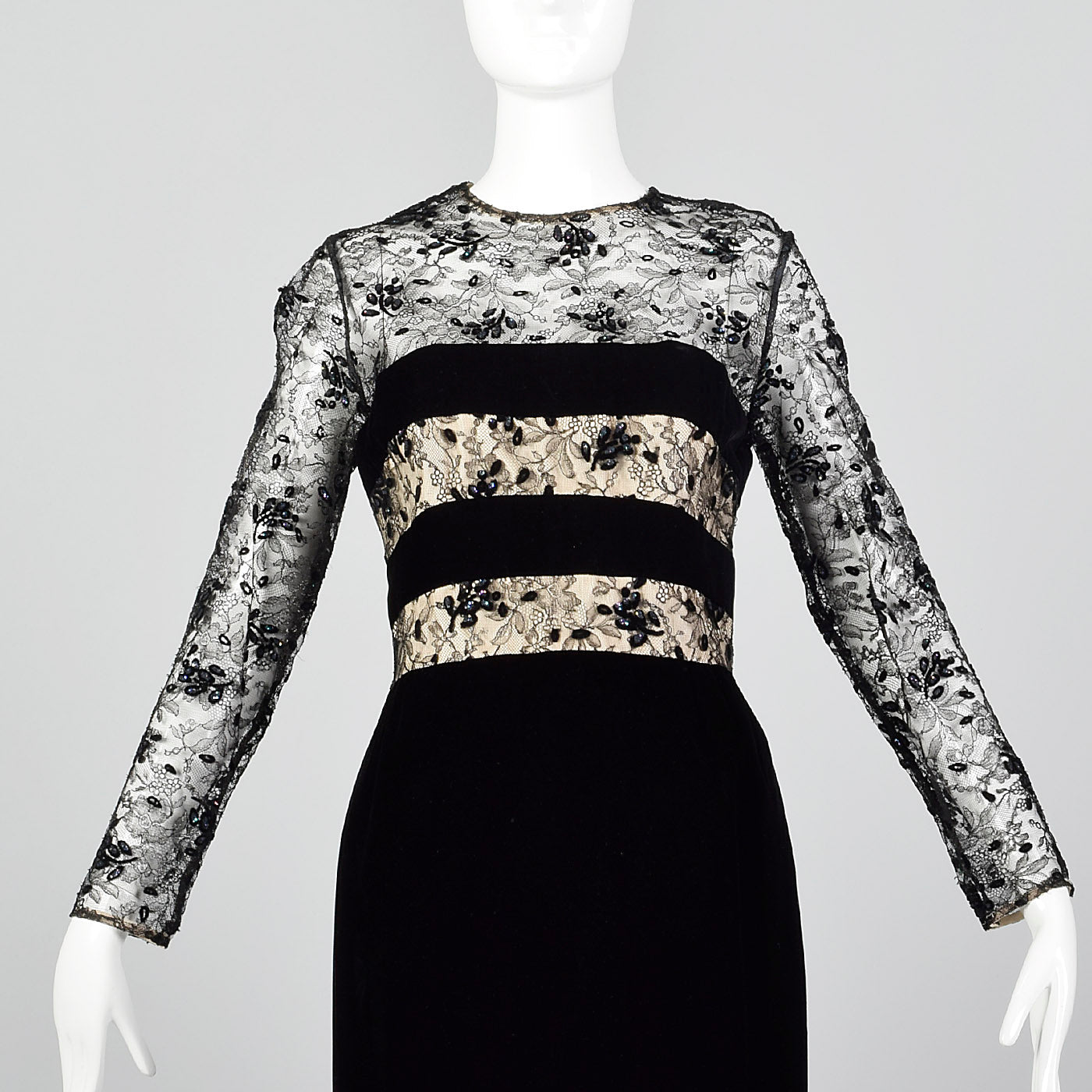 1980s Victor Costa Black Velvet Dress with Lace Illusion Bodice
