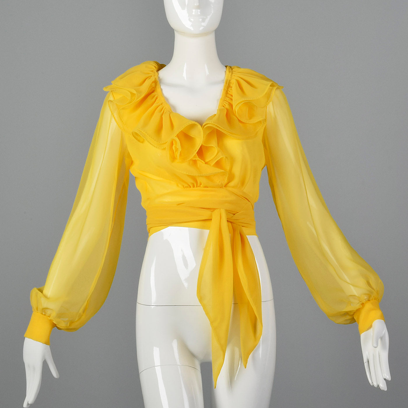 1970s Elegant Sheer Yellow Wrap Blouse