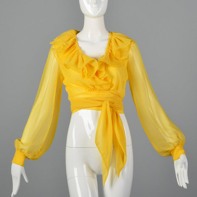 1970s Elegant Sheer Yellow Wrap Blouse