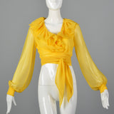 1970s Elegant Sheer Yellow Wrap Blouse