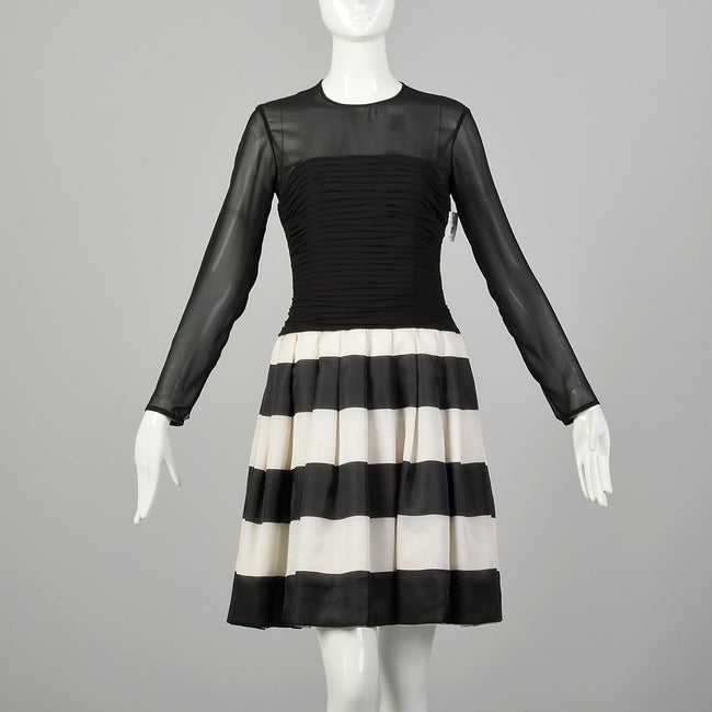 XS 2000s Dress Black Sheer White Stripe Long Sleeve Cocktail Party