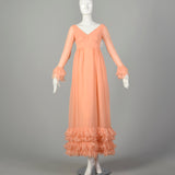XS 1960s Lillie Rubin Sherbet Gown Maxi Evening Dress Flowy Modest Orange Pastel Long Sleeve Ruffle