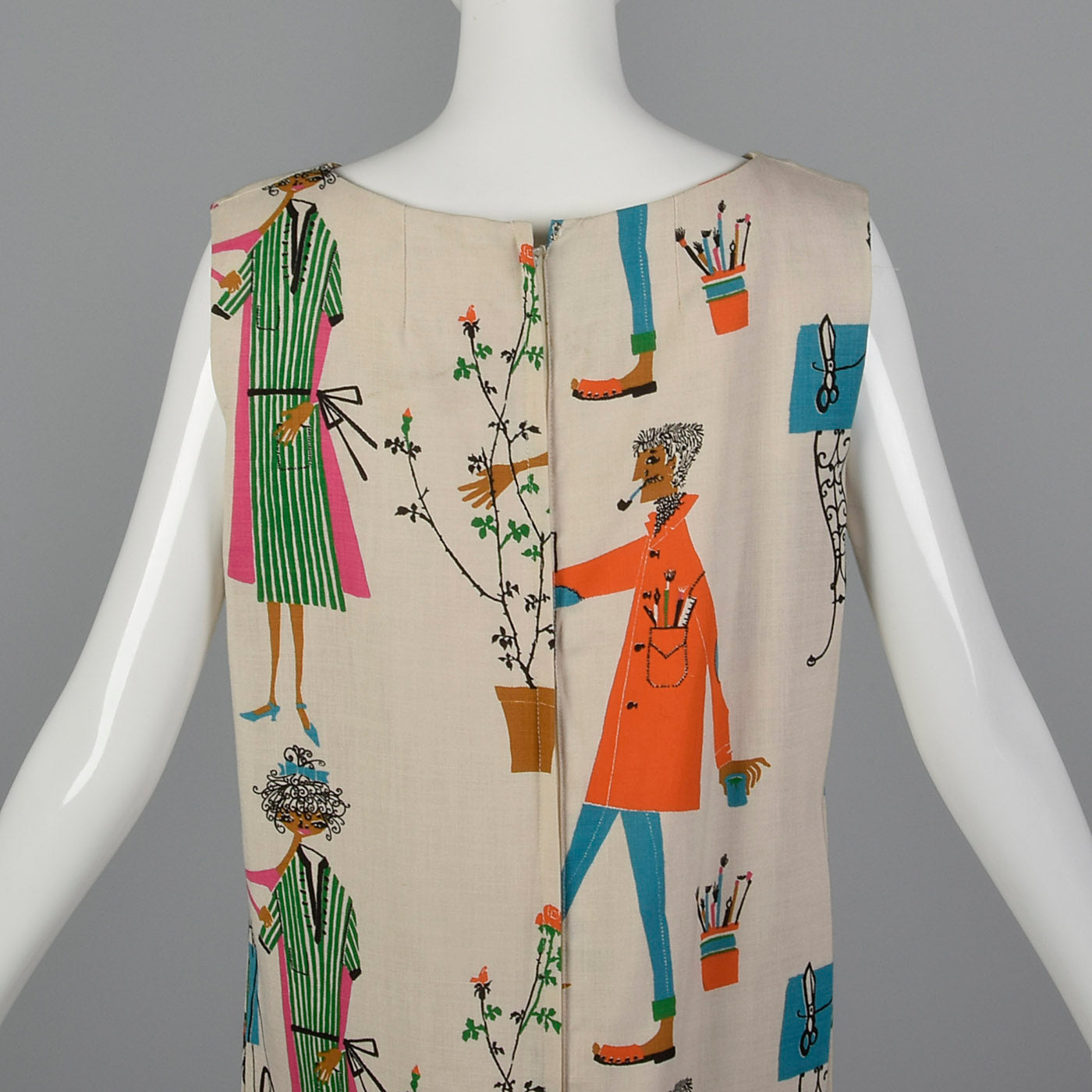 1960s Deadstock Novelty Print Shift Dress with Pom Pom Hem