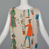 1960s Deadstock Novelty Print Shift Dress with Pom Pom Hem