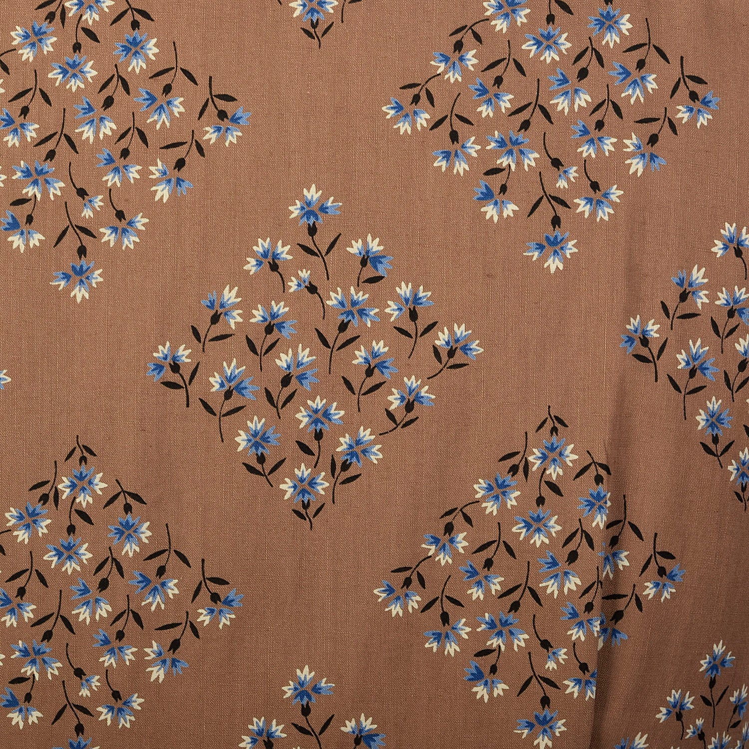 XL 1950s Brown Cotton Day Dress Blue Floral Print Short Sleeves