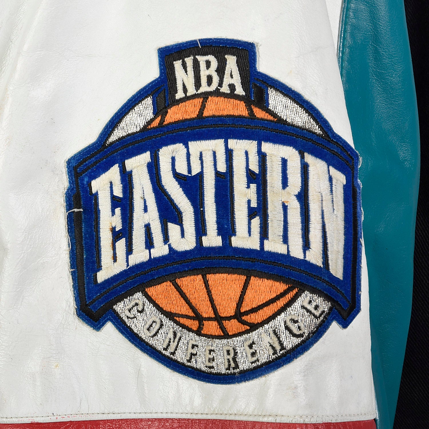 Large Jeff Hamilton 1990s Black Denim and Leather Detroit Pistons Jacket