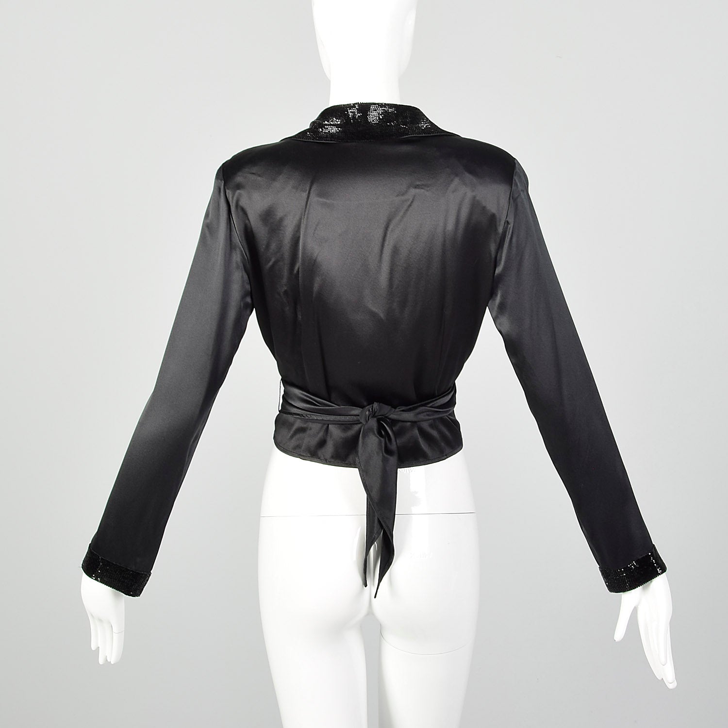 Small-Large 1980s Black Beaded Collar Wrap Top