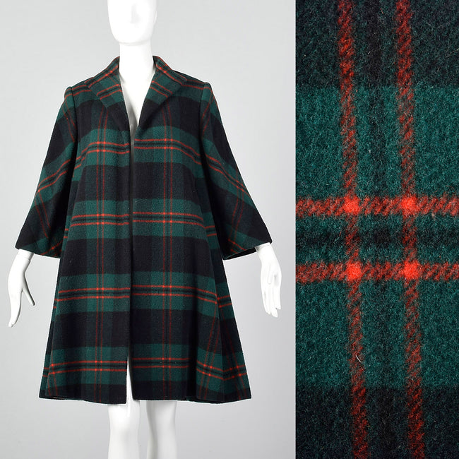 Small-Medium 1950s Pauline Trigere Green Plaid Swing Coat