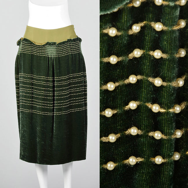 1990s Green Velvet Skirt with Beads