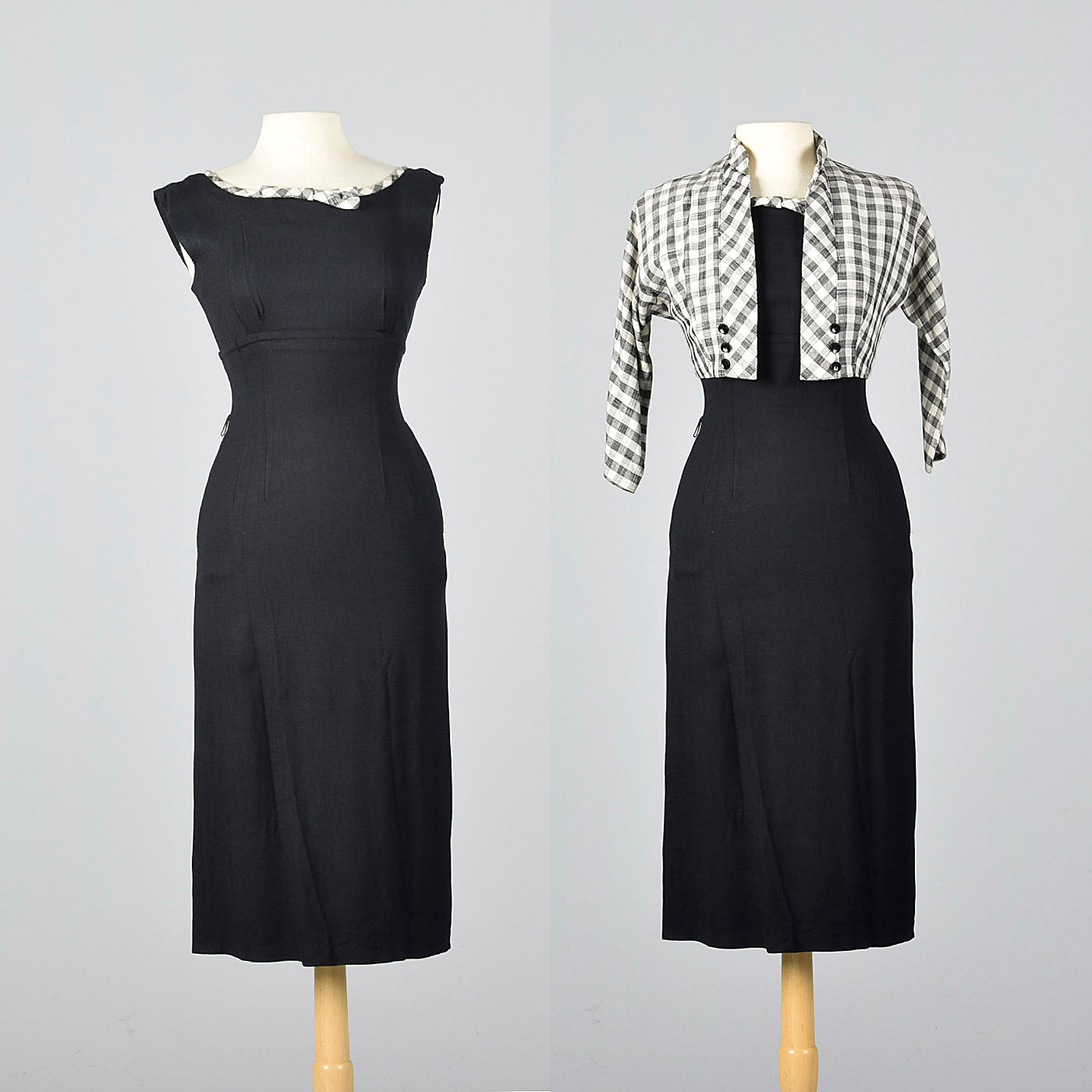 1950s Black Wiggle Dress with Gingham Trim and Jacket