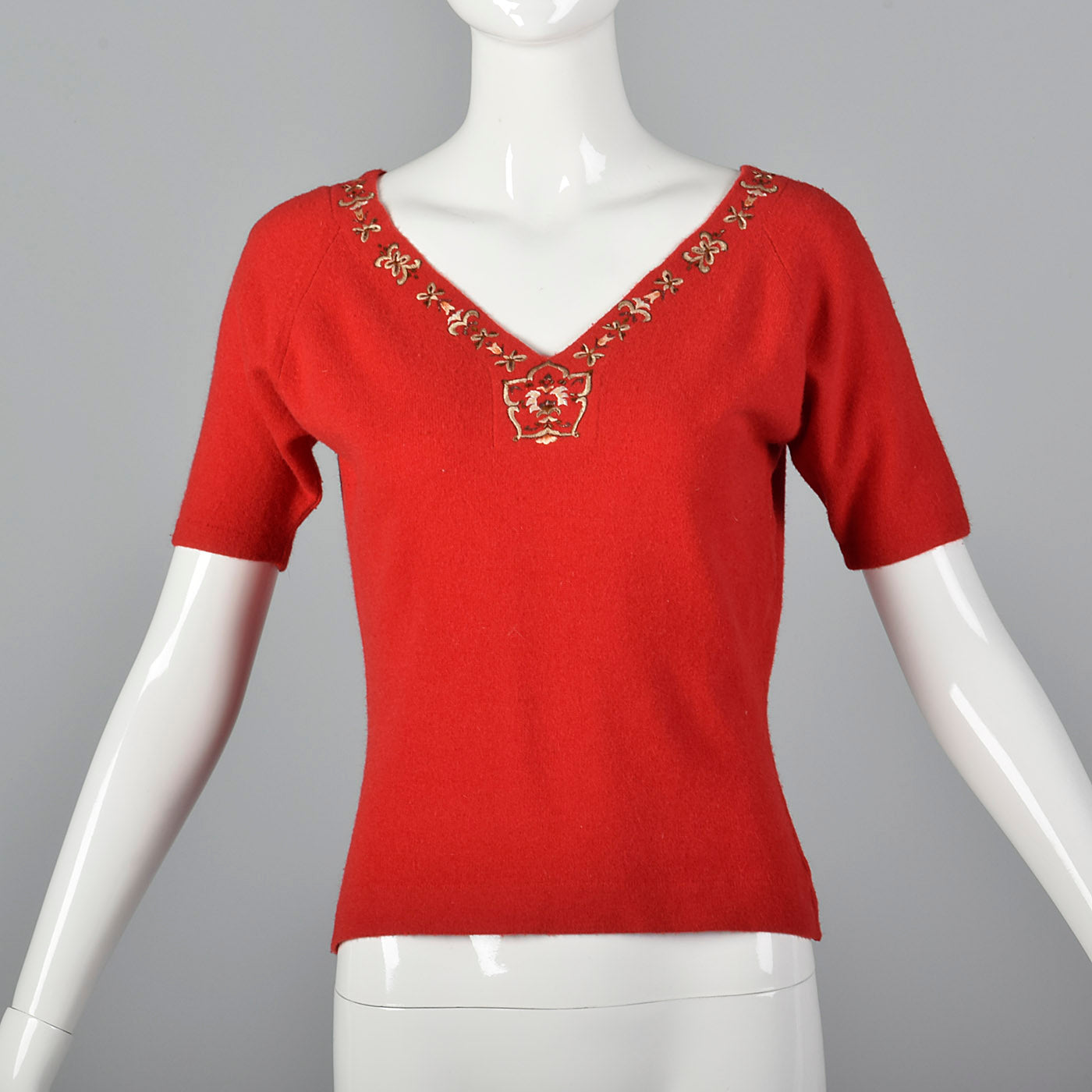 1950s Red Sweater with Metal Thread Trim