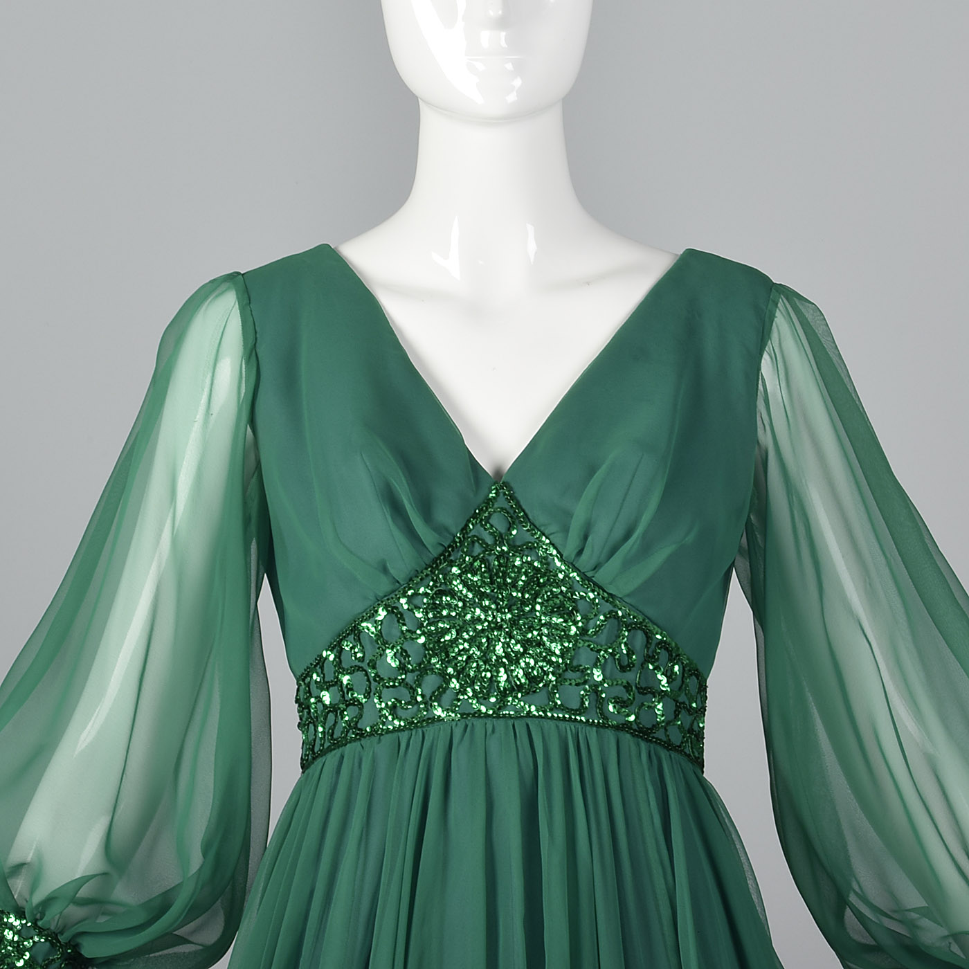 1970s Emerald Green Gown with Bishop Sleeves