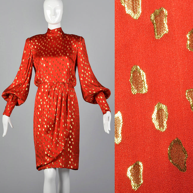 1980s Guy Laroche Red Silk Pencil Dress with Metallic Gold Design