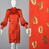 1980s Guy Laroche Red Silk Pencil Dress with Metallic Gold Design
