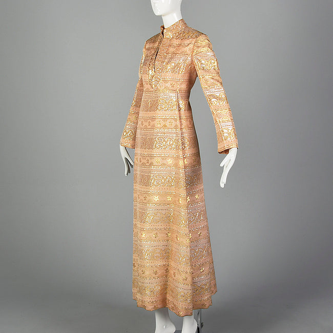 Large 1970s Malcolm Starr Blush Pink Metallic Maxi Dress