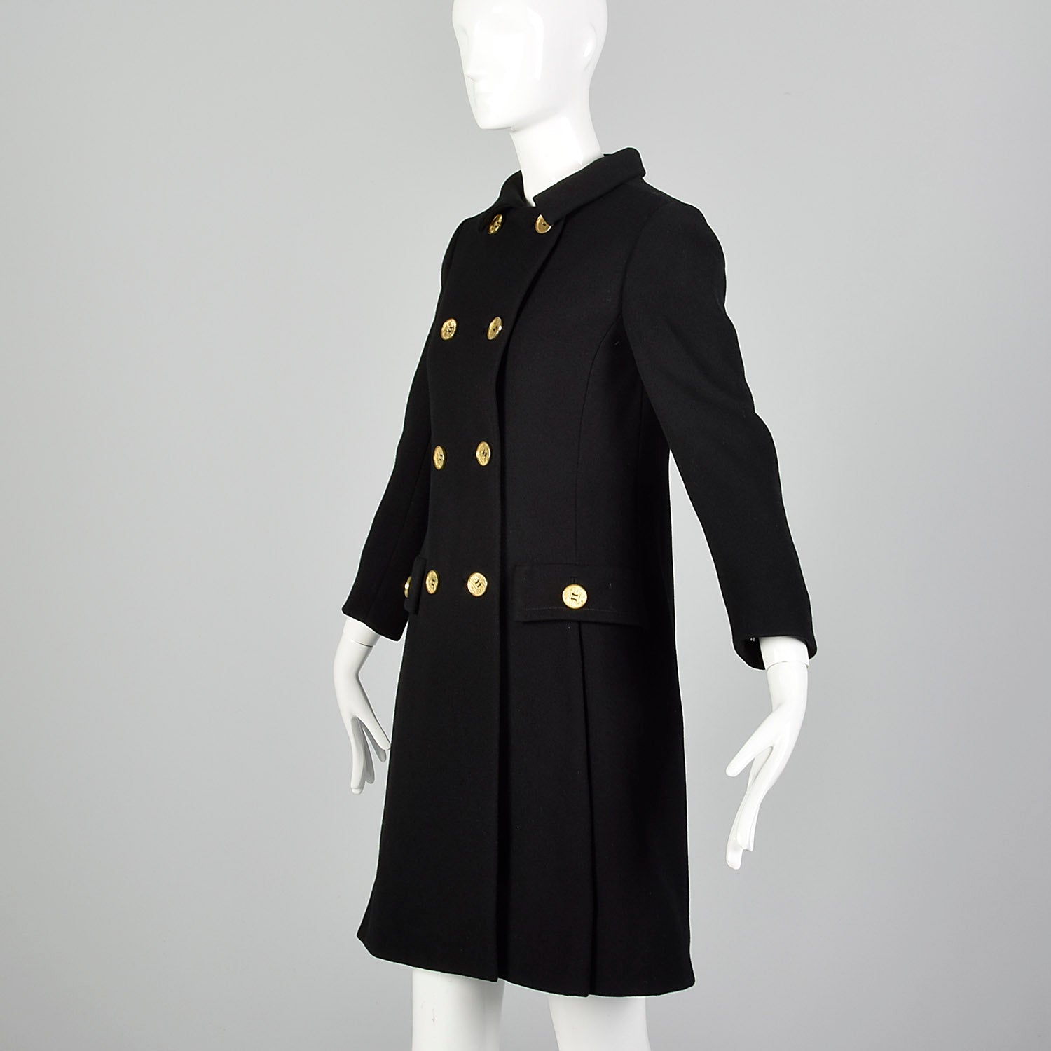 XXS 1960s Double-Breasted Black Wool Coat