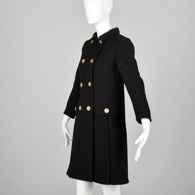 XXS 1960s Double-Breasted Black Wool Coat