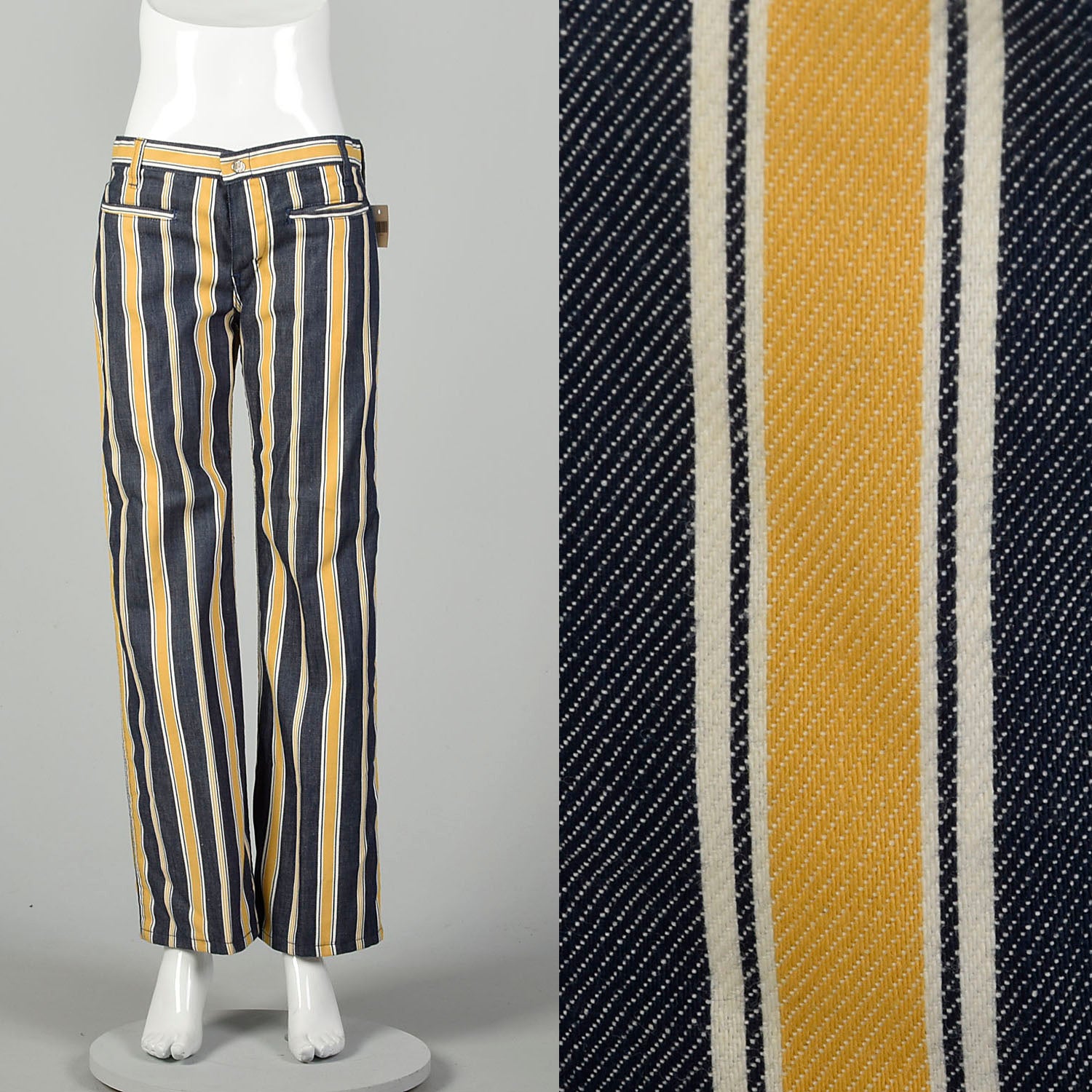 Medium 1970s Yellow Striped Jeans Low Rise Hippie Bell Bottom Pants
