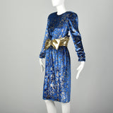 Medium 1980s Blue Velvet Cocktail Dress Long Sleeve Gold Eyelash Lame