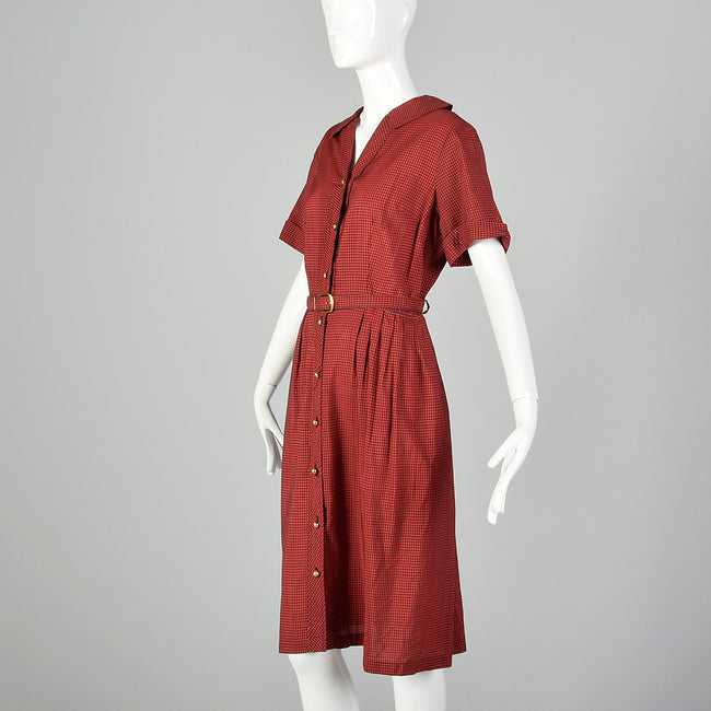XL 1950s Red and Black Gingham Day Dress