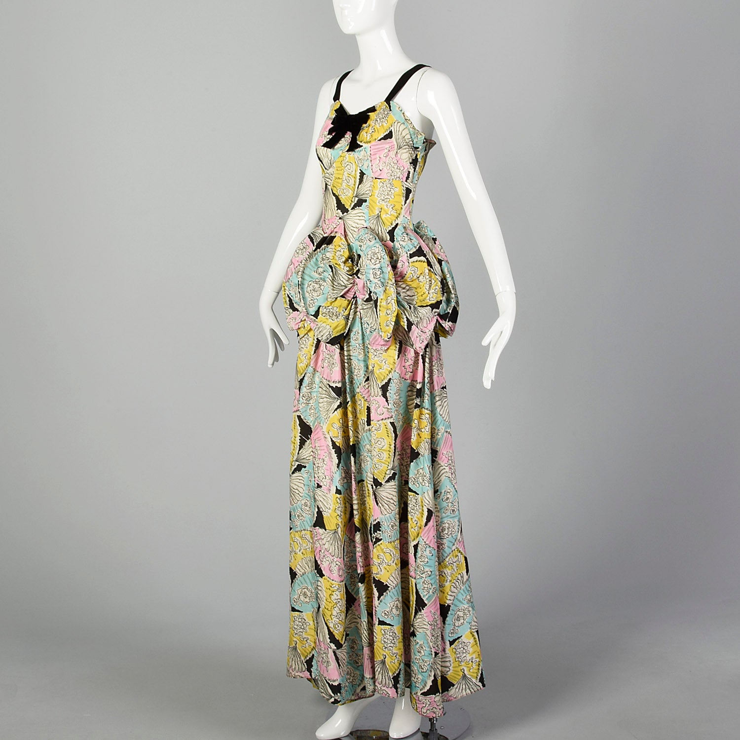 1940s Novelty Print Taffeta Evening Dress with Pastel Fans