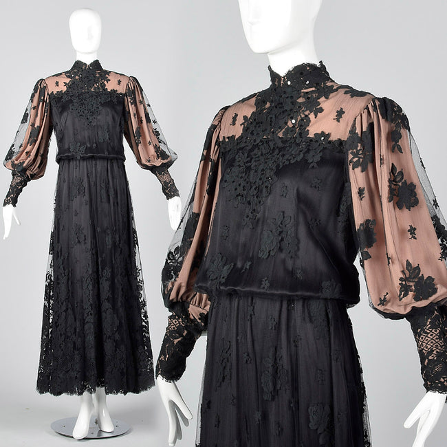 1970s Black Lace Overlay Dress with Sequin Bust