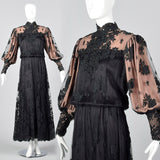 1970s Black Lace Overlay Dress with Sequin Bust