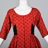 1950s Red Party Dress with Black Taffeta Bow