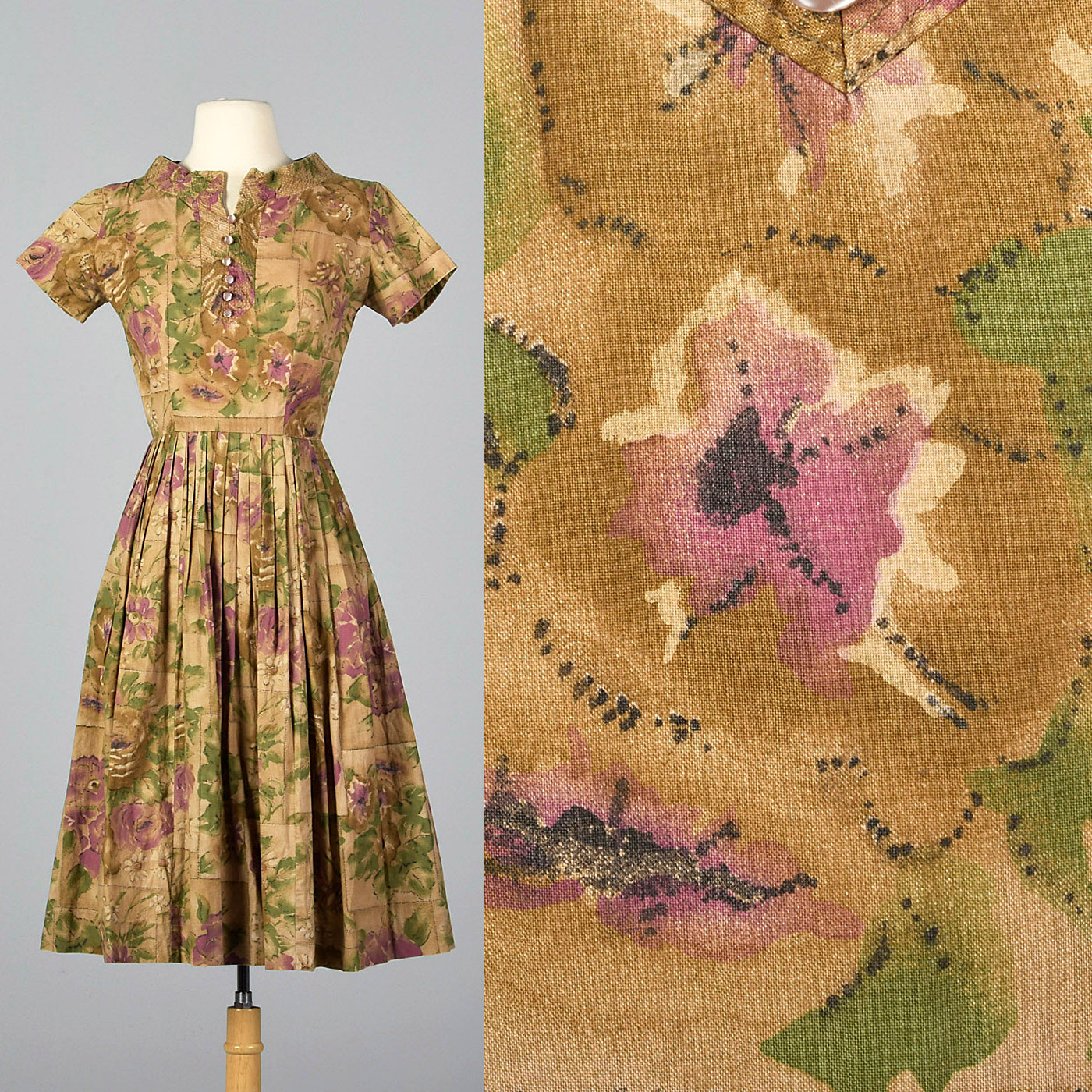 1950s Brown Floral Cotton Day Dress