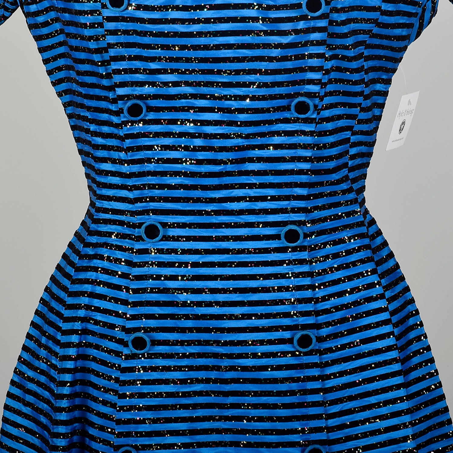Medium 1950s Dress Blue Short Sleeve Striped Glitter Flocked Shawl Collar