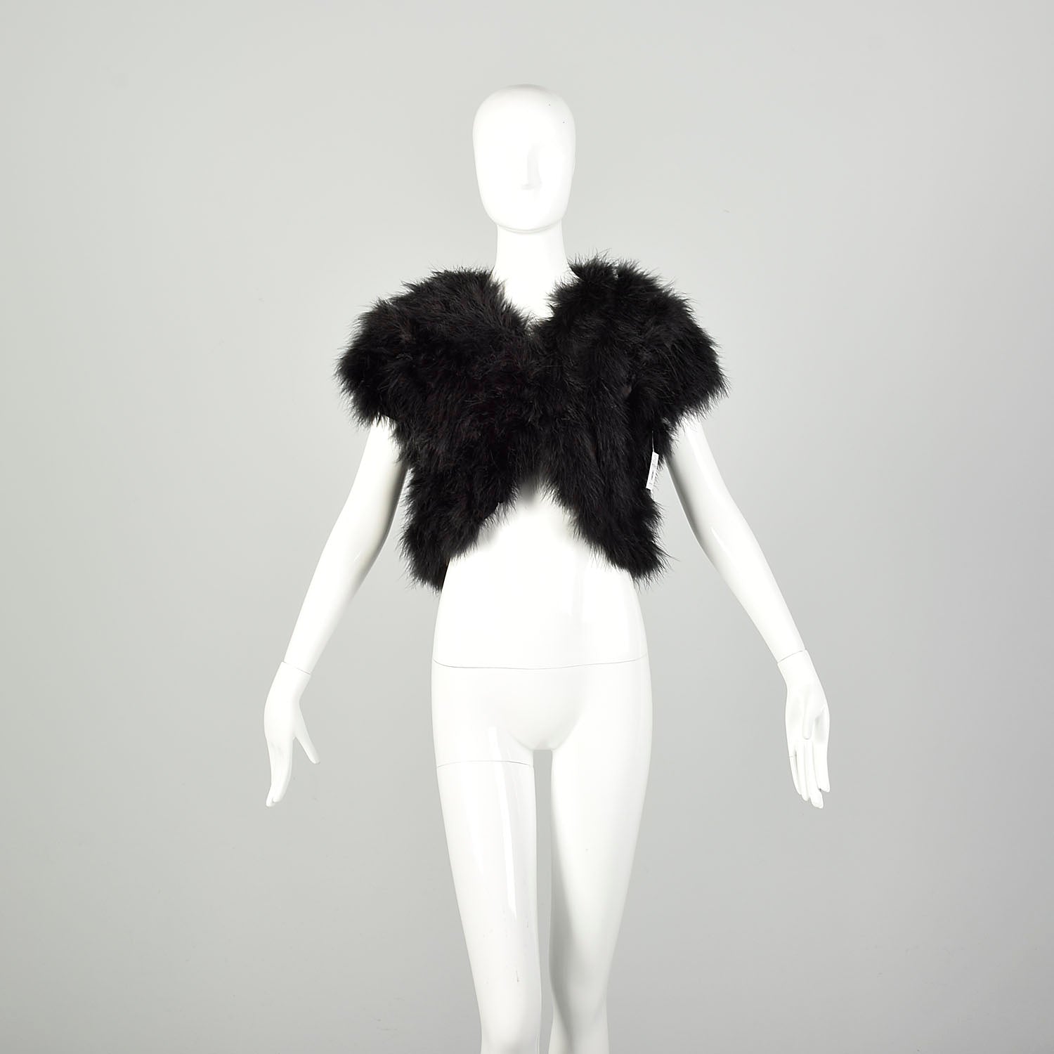 Small 1980s Black Marabou Feather Cropped Vest Embellished Shrug
