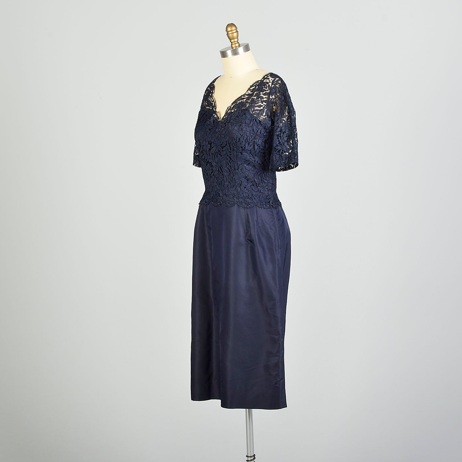 Large 1950s Navy Blue Cocktail Dress Illusion Neckline Lace Taffeta Evening Dress