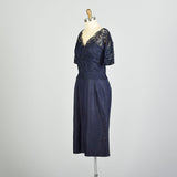 Large 1950s Navy Blue Cocktail Dress Illusion Neckline Lace Taffeta Evening Dress