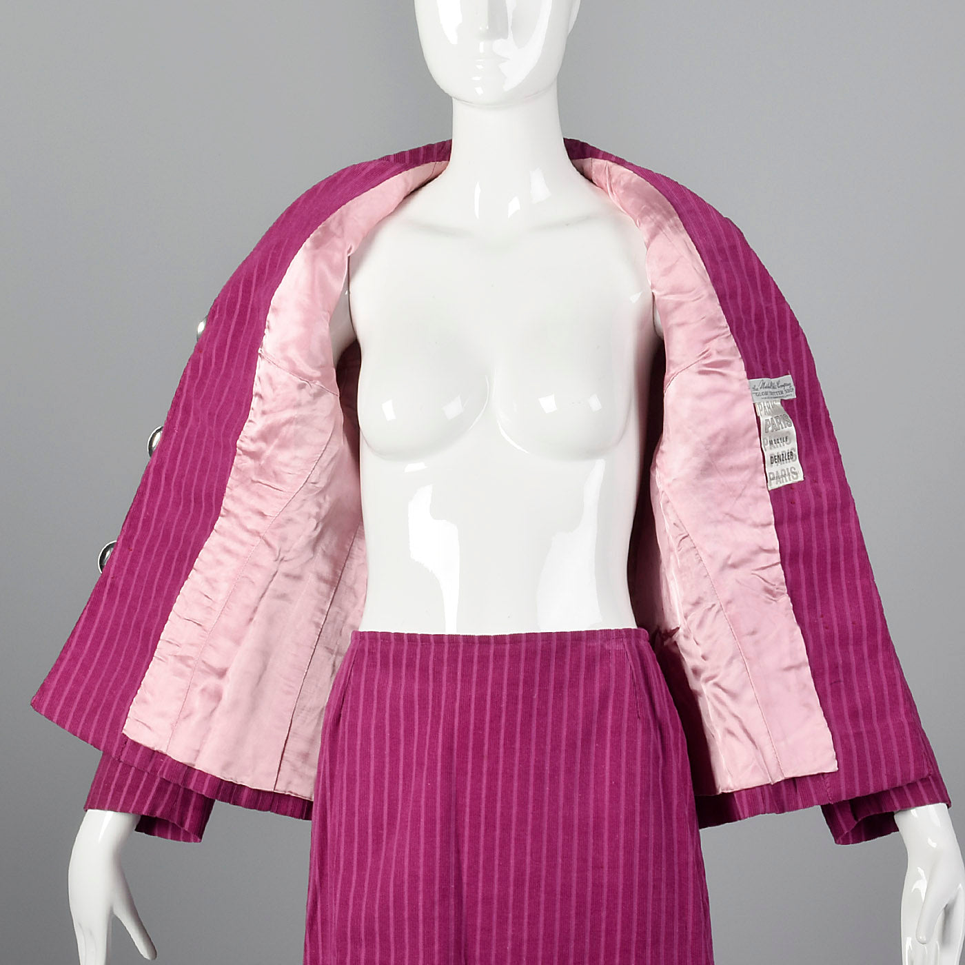 1960s Pink Corduroy Skirt Suit with Mod Silver Clasp Closures