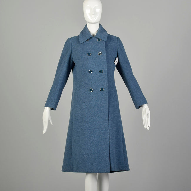 Small 1960s Coat Blue Wool Military Double Breasted Winter Vintage Outerwear