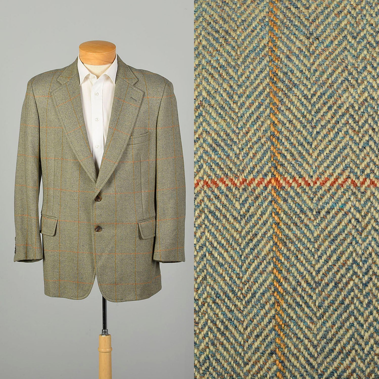Large 1970s Green Copper Herringbone Plaid Blazer Two Button Front Single Vent Back Welt With Flap Pockets